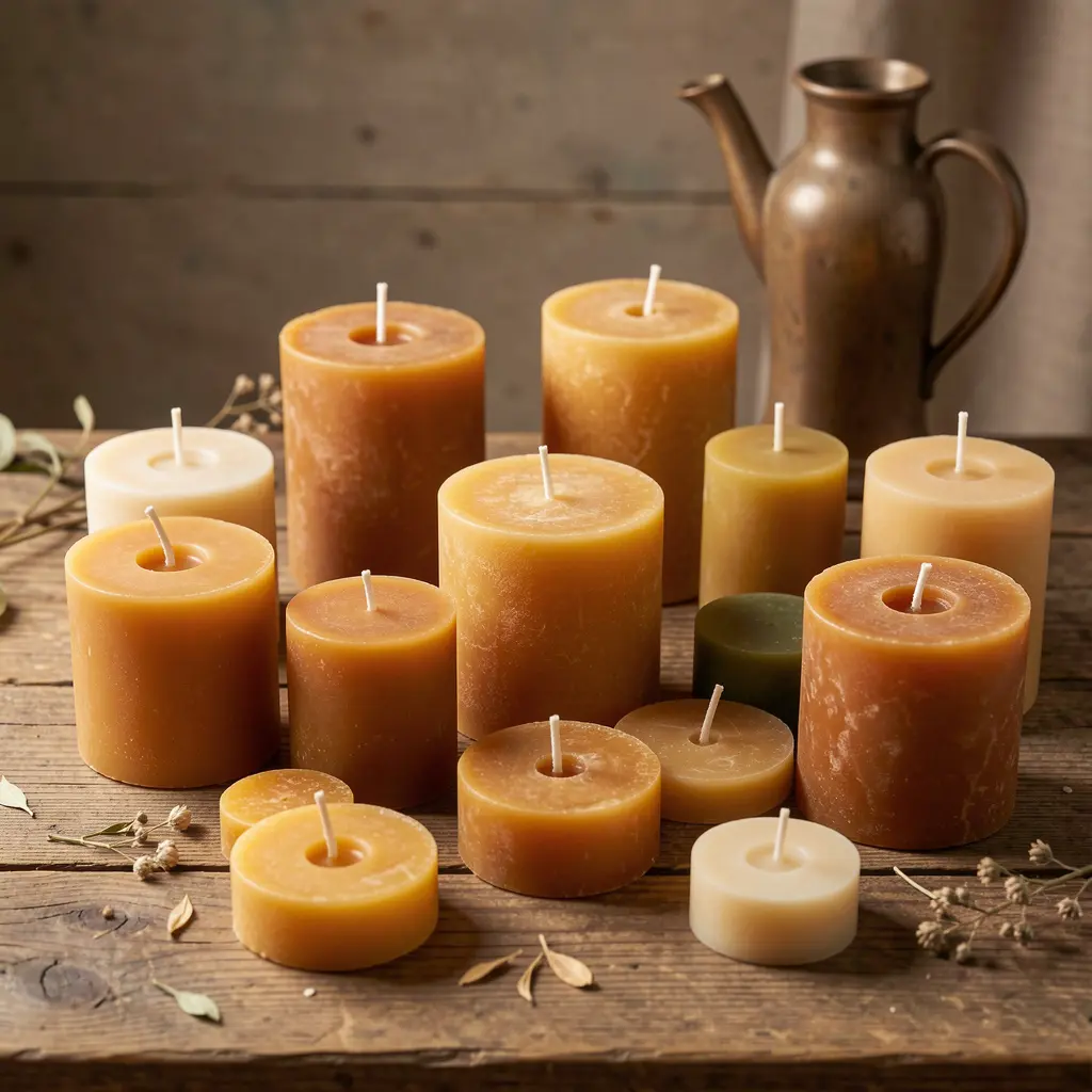 Collection of artisan candles on wooden surface